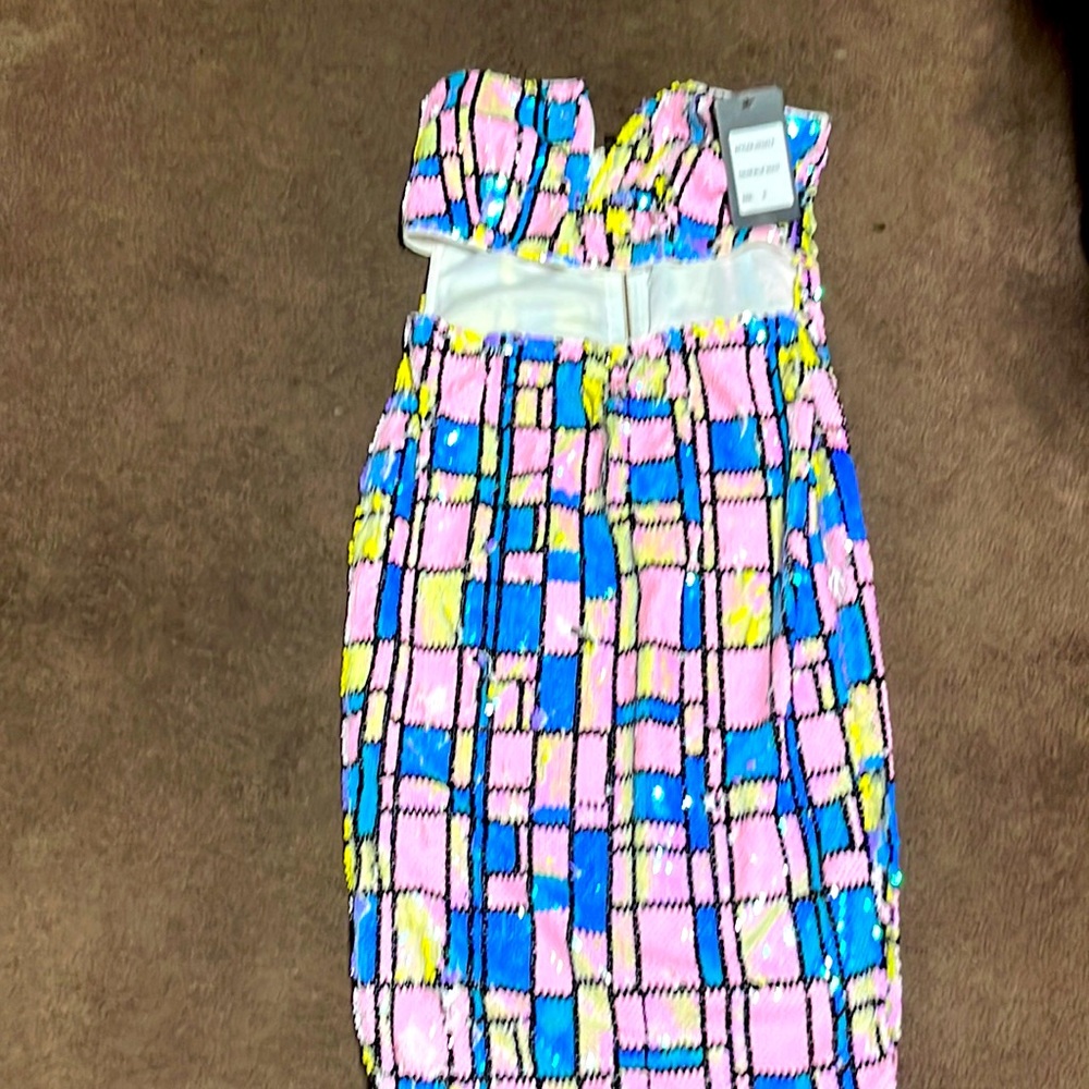 Sequence Royal blue pink yellow mid knee dress with open front under breast.